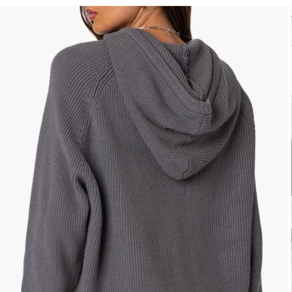 Edikted Gray Knit Hoodie Wynter Sweater Hoodie - Picture 2 of 6